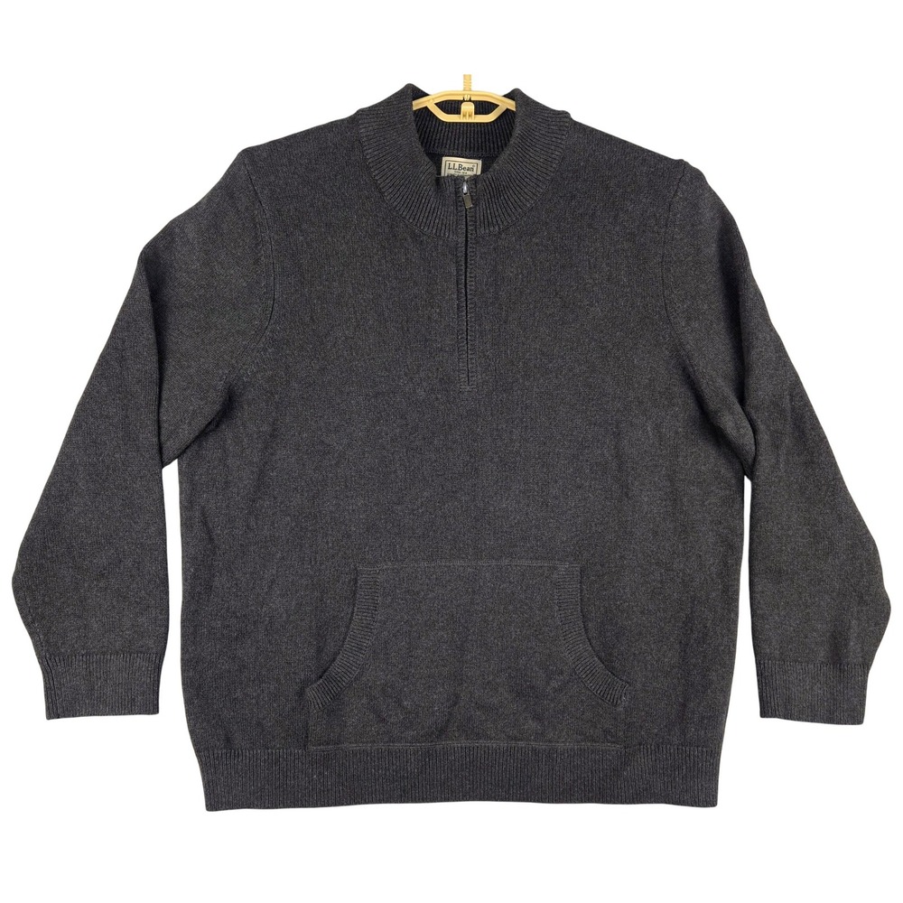 L.L.Bean 1/4 Zip Sweater Pullover Mock Neck Cotton Cashmere Gray XXL‎
